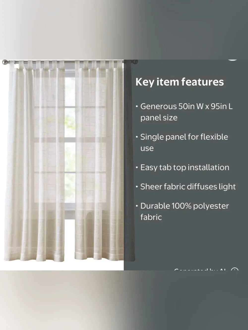 Mainstays Woven Stripe Sheer Tab Top Curtain, Single Panel, Beige, 50